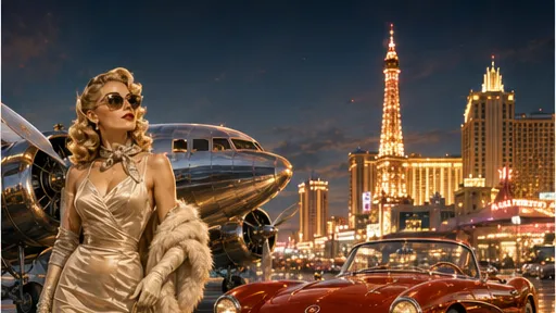 Lucky Vegas &mdash; neon-lit strip at night with a silver propliner