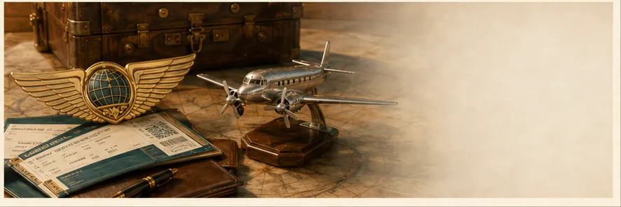 Steamer trunk, boarding pass and a propliner desk model on an aged map