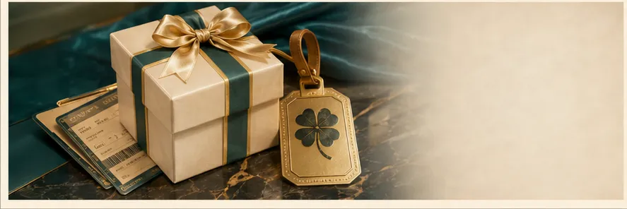 Gift box with a gold bow and boarding-pass stubs on dark marble